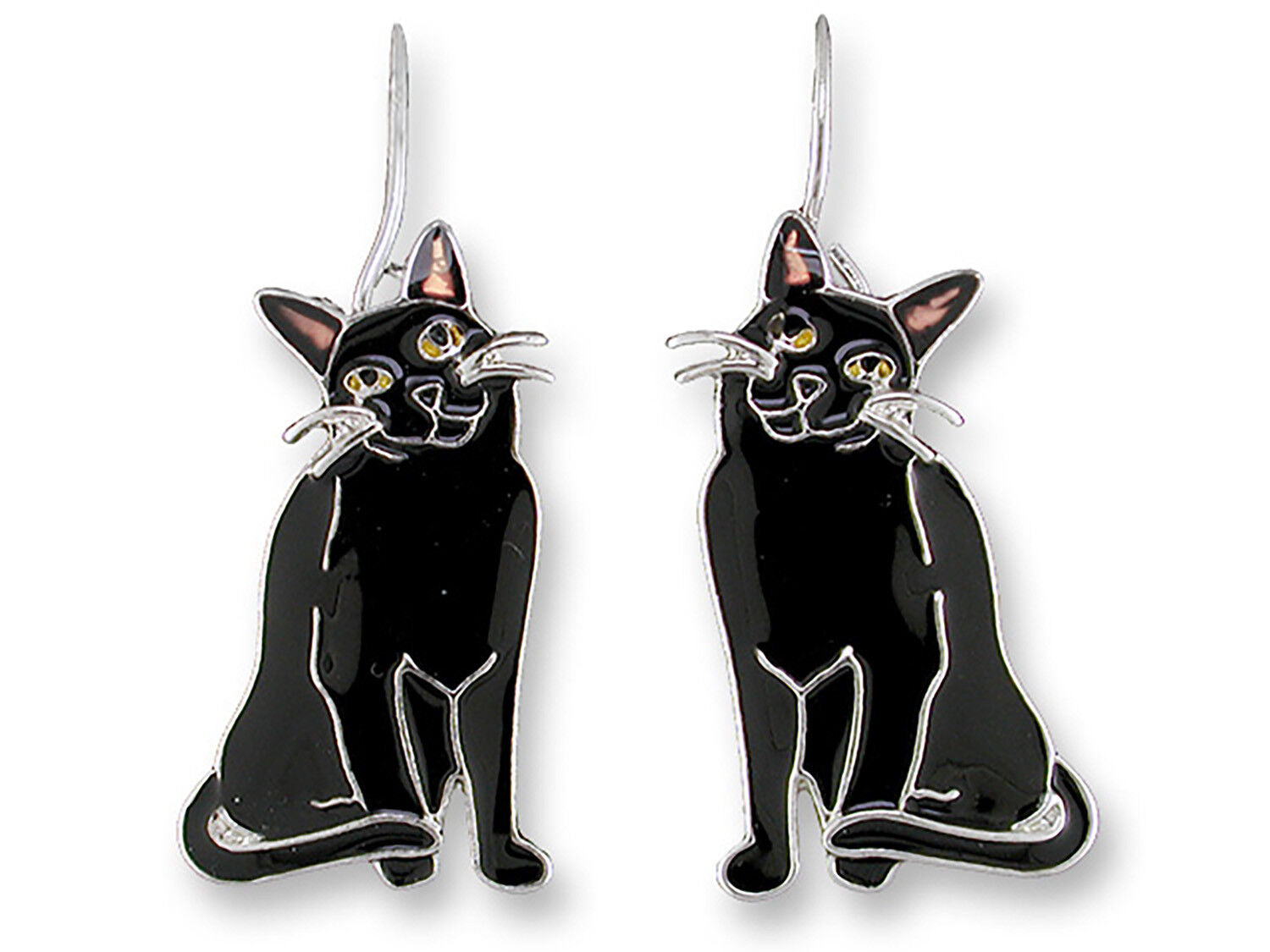 Marilyn Grame Silver Plated Black Kitty Cat Dangle Earrings by Zarah