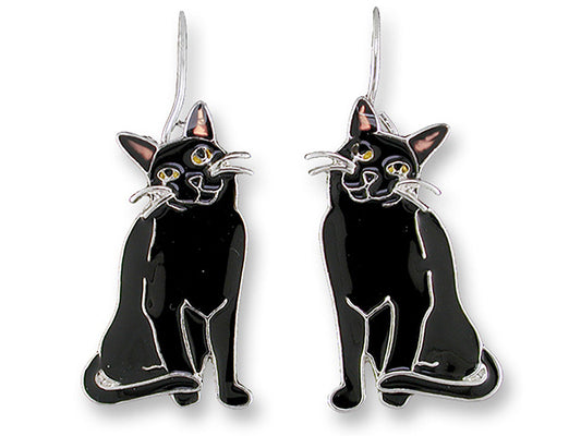 Marilyn Grame Silver Plated Black Kitty Cat Dangle Earrings by Zarah