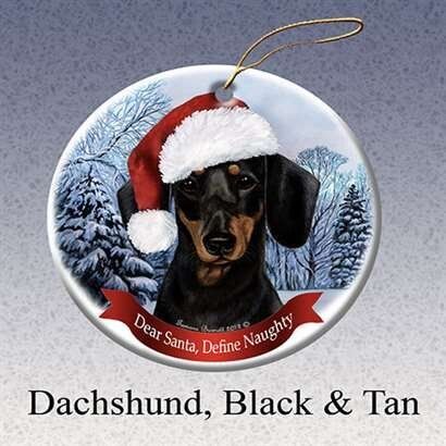 Black/Tan Dachshund Dog Santa Hat Christmas Ornament Porcelain China USA-made