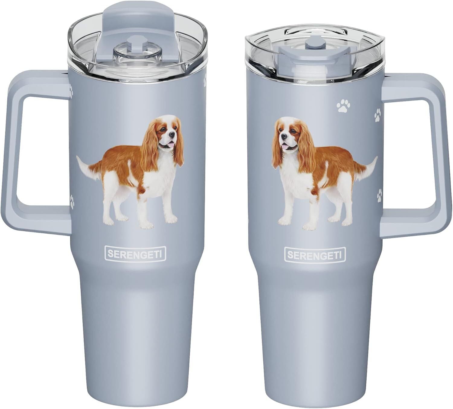 Serengeti 40 Oz King Charles Dog Stainless Steel Tumbler w Handle, Straw & Lid