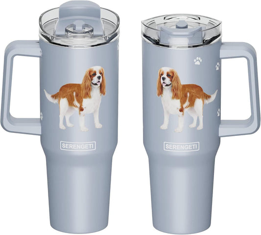 Serengeti 40 Oz King Charles Dog Stainless Steel Tumbler w Handle, Straw & Lid