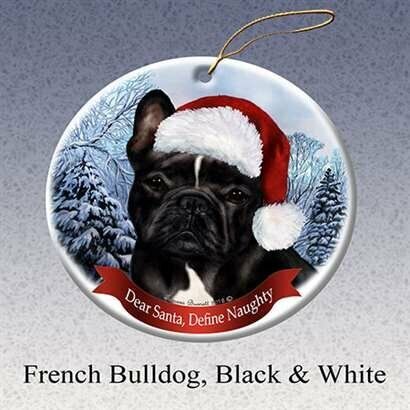 Black and White French Bulldog Dog Santa Hat Christmas Ornament Porcelain