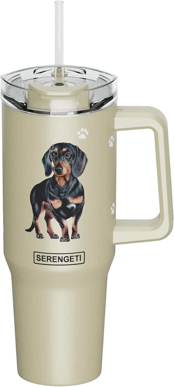 Serengeti 40 Oz Black Dachshund Stainless Steel Tumbler w Handle, Straw & Lid