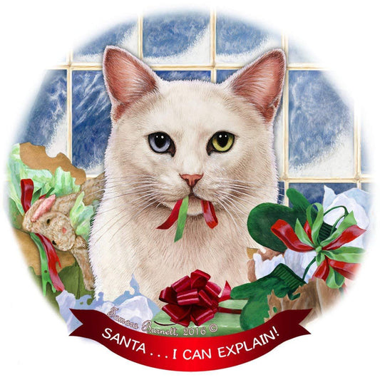 White Cat Short Haired Odd Eyed Porcelain Ornament 'Santa.. I Can Explain!