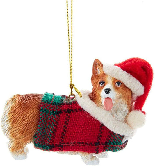 Kurt Adler Welsh Corgi With Plaid Coat & Santa Hat Ornament (D4218CO)