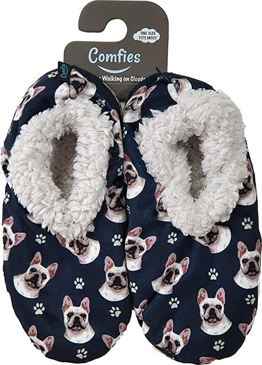 Comfies Womens French Bulldog Dog Slippers - Sherpa Lined Animal Print Booties