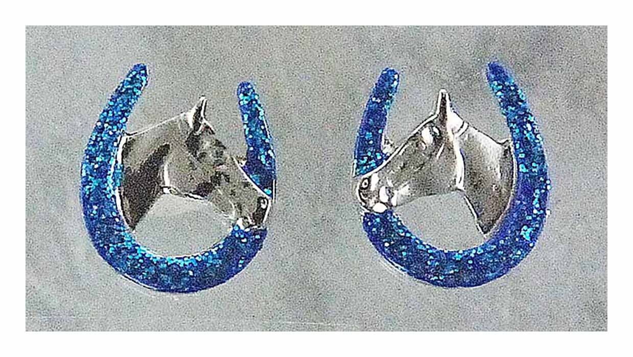 Finishing Touch Horse Head In Horseshoe Glitter Earrings, Teal Blue