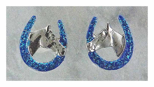 Finishing Touch Horse Head In Horseshoe Glitter Earrings, Teal Blue