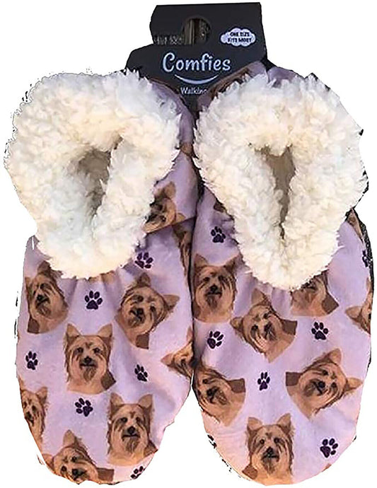 Comfies Womens Yorkie Dog Slippers - Sherpa Lined Animal Print Booties