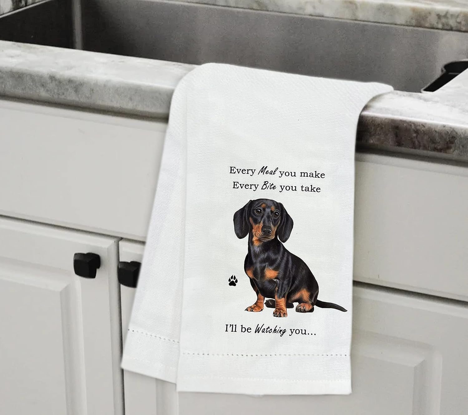 E&S Pets 711-14 Black Dachshund Dog Kitchen Towel, Off-white