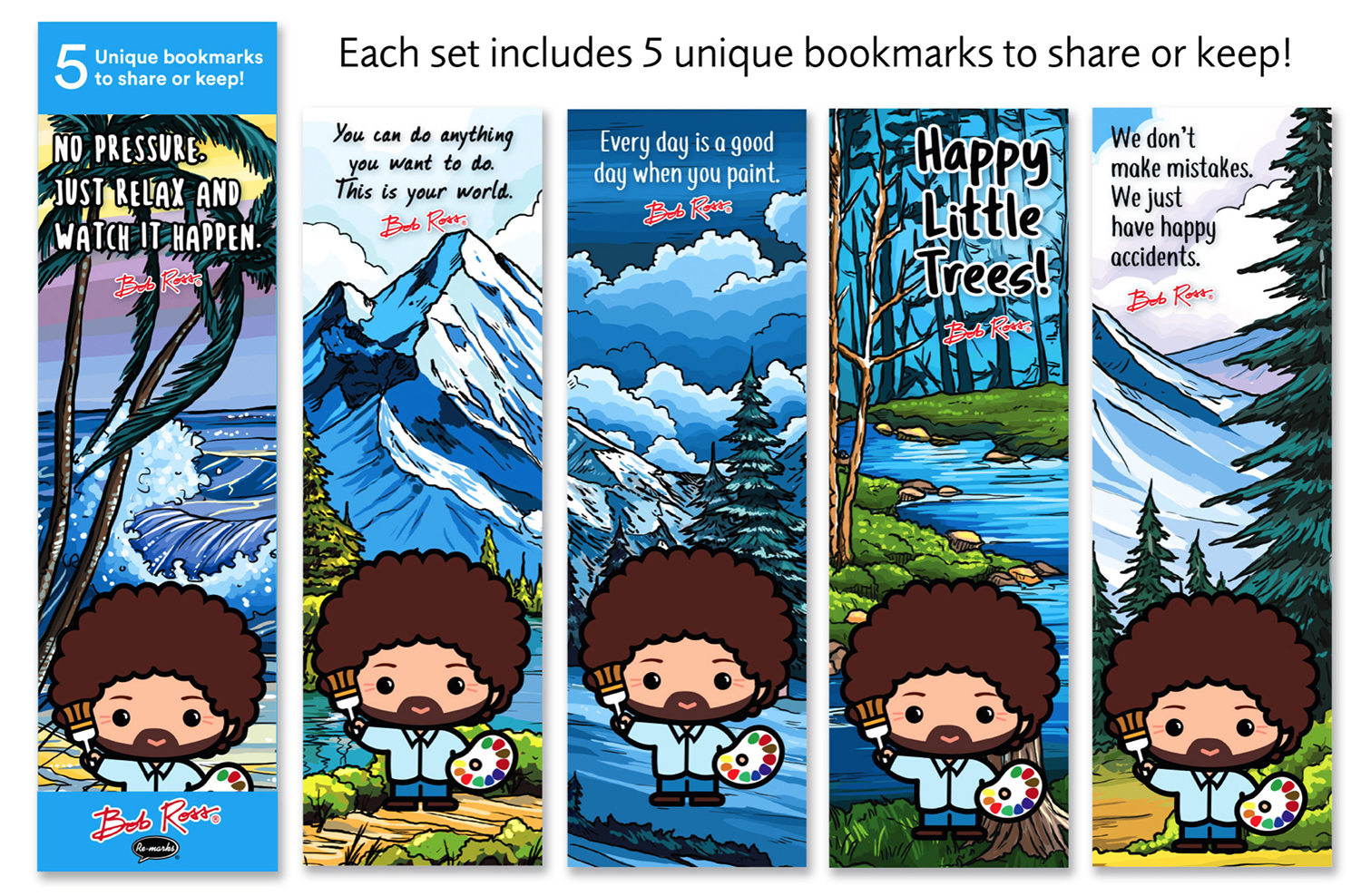Re-Marks Bob Ross Set of 5 Different 2-Sided Bookmarks