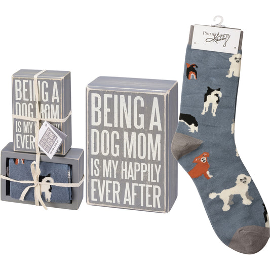 Primitives by Kathy Box Sign & Pair of Socks Set - Dog Mom Happily Ever After