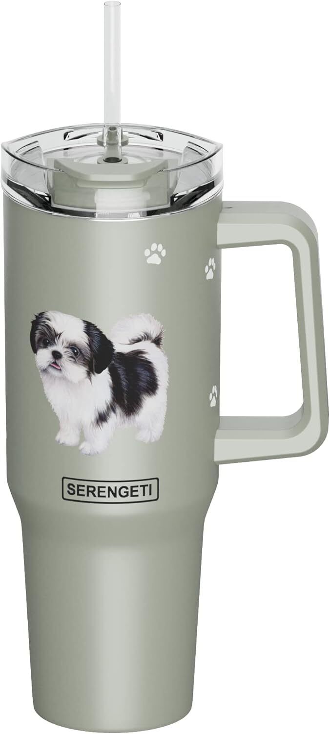 Serengeti 40 Oz Shih Tzu Black Stainless Steel Tumbler with Handle, Straw & Lid