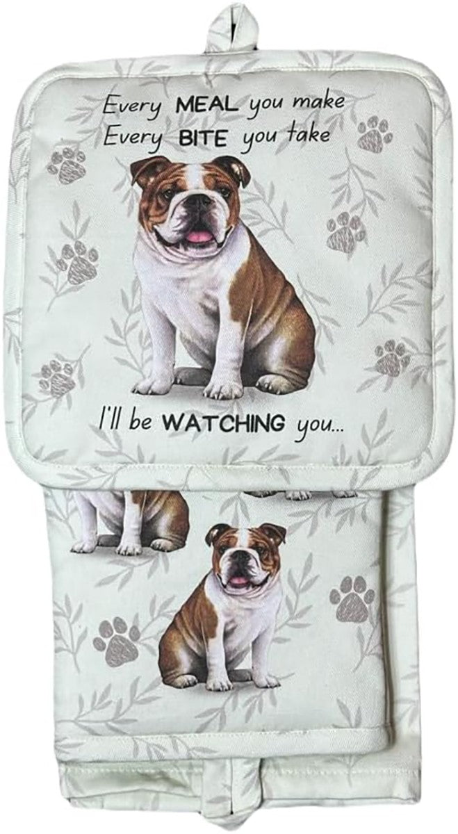 E&S Pets Bulldog 3 Piece Kitchen Set -  Oven Mitt, Towel, Pot Holder