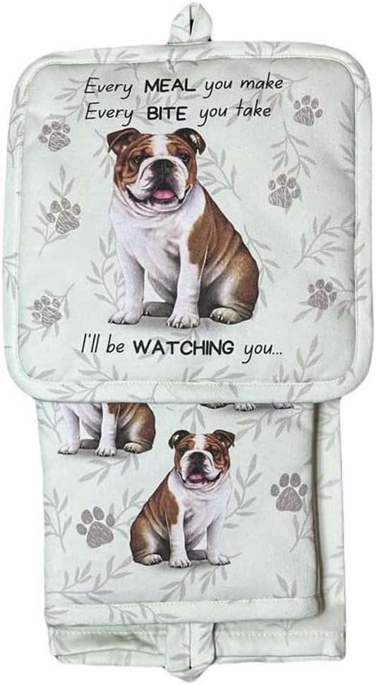 E&S Pets Bulldog 3 Piece Kitchen Set -  Oven Mitt, Towel, Pot Holder