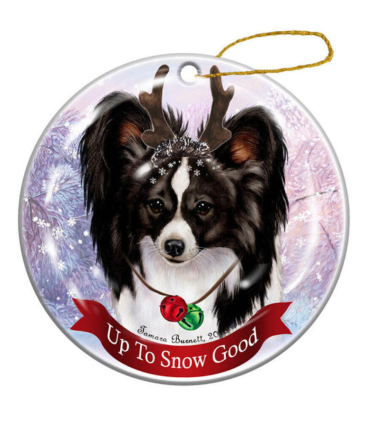 Holiday Pet Gifts Black and White Papillon Dog Porcelain Christmas Ornament