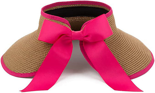 Straw Summer Sun Visor Beach Hat Wide Brim with Bow Adjustable (Pink)