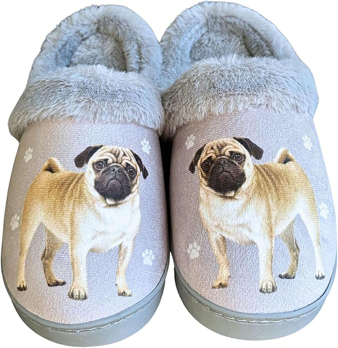 E&S Pets Tan Pug Snugg Slippers for Pet Lovers - Fuzzy Memory Foam, S/M