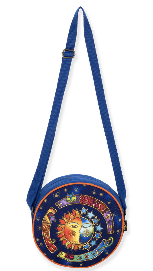 Laurel Burch Cosmos Small Crossbody with Sun, Moon Stars, 9" x 3.25"