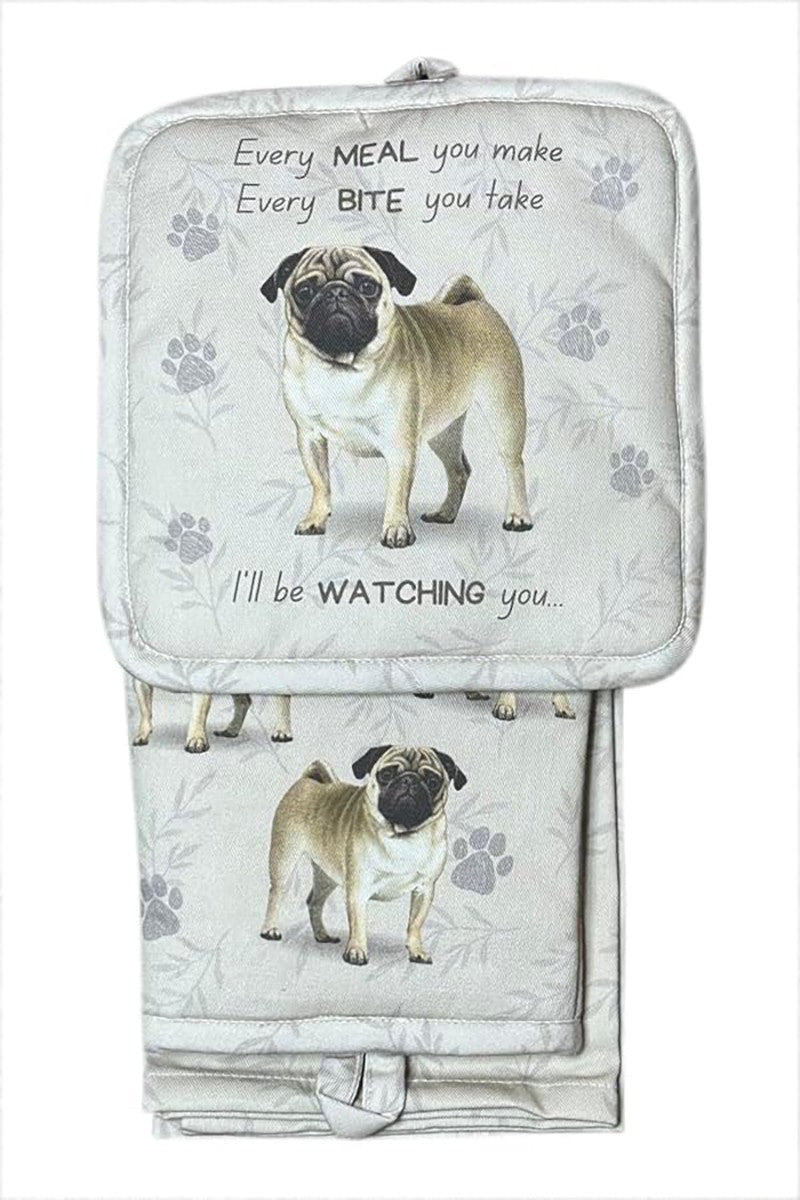 E&S Pets Pug Dog 3 Piece Kitchen Set -  Oven Mitt, Towel, Pot Holder