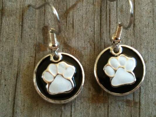 Silver Plated White Paw Print on Black Disc Hand Enameled Earrings