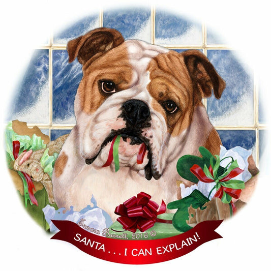 English Bulldog, Tan & White Dog Porcelain Ornament Santa I Can Explain!