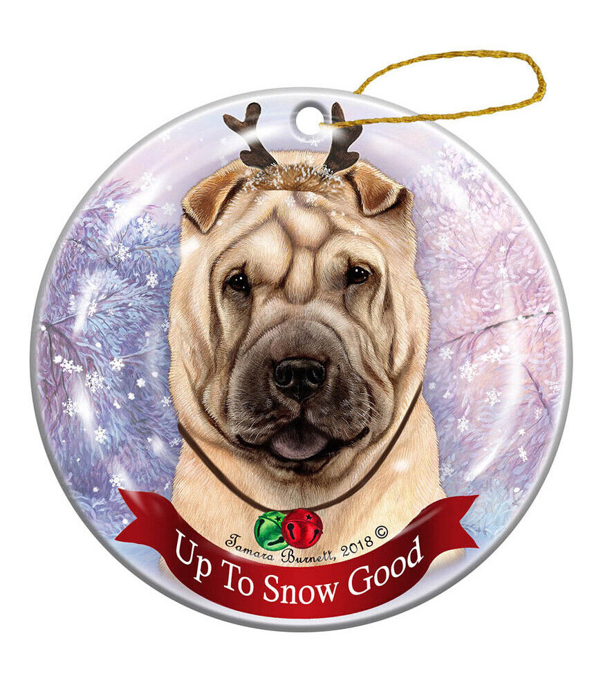 Holiday Pet Cream Shar Pei Reindeer Dog Porcelain Christmas Ornament