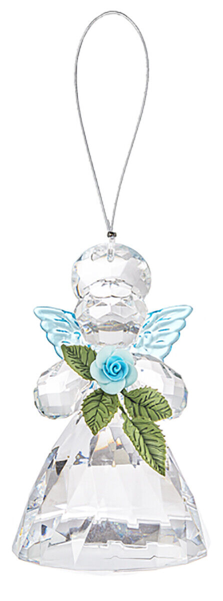 Colorful 3.5 Inch Sacred Rose Angel Ornament/Sun-catcher (Blue Flower & Wings)