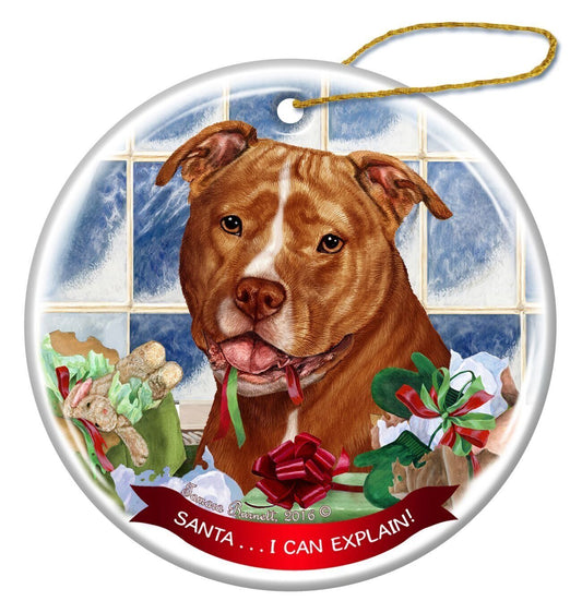 Orange and White Pit Bull Uncropped  Porcelain Ornament 'Santa.. I Can Explain!