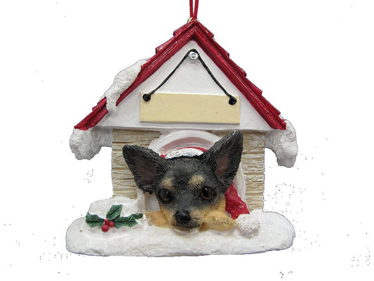 Chihuahua Black & Tan Doghouse Ornament Hand Painted Easily Personalized "