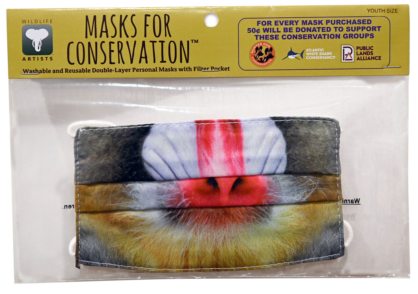 Wildlife Artists Fun Youth Animal Face Masks, Washable, Reusable - Mandrill