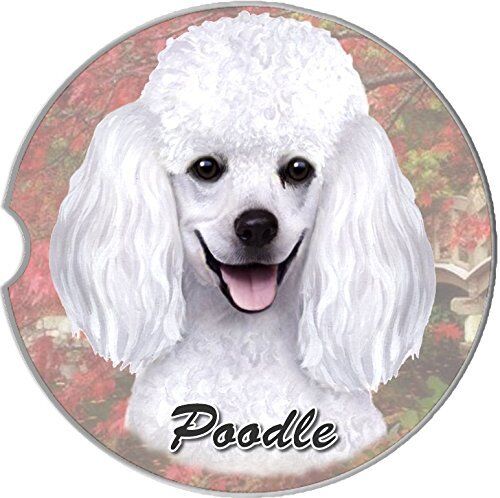 ES Pets Absorbent Stoneware Car Cup Holder Coaster, White Poodle