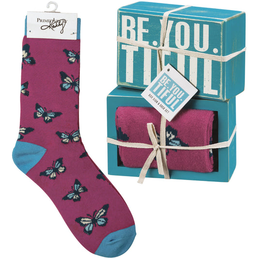 Primitives by Kathy Box Sign & Sock Set - Be You Tiful