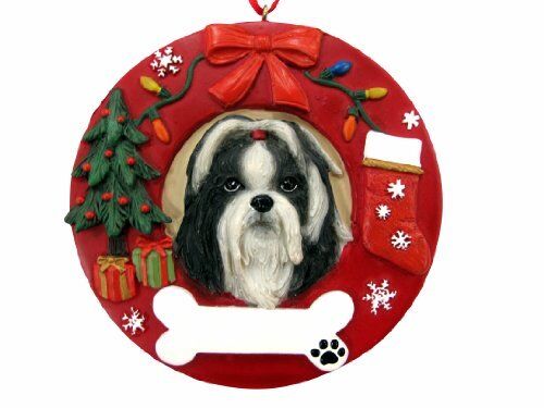 E&S Pets Black and White Shih Tzu Christmas Ornament Wreath Shaped Easily