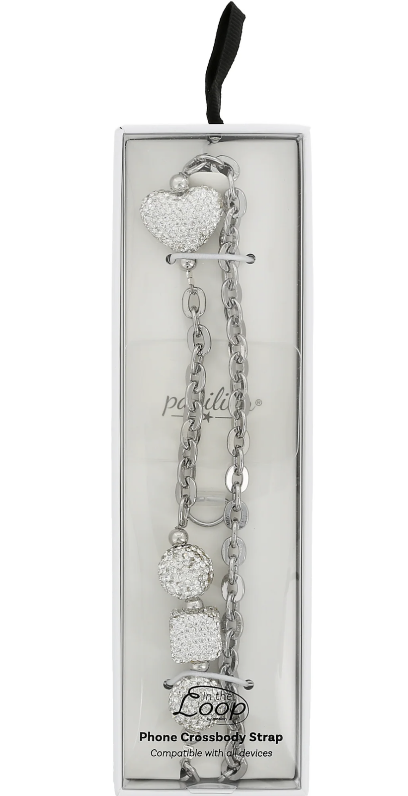 White Crystal Crossbody Beaded Silver Phone Chain, 56"