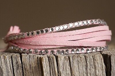 Adjustable Multiple Pink Leather Bands Bracelet with Clear Rhinestones