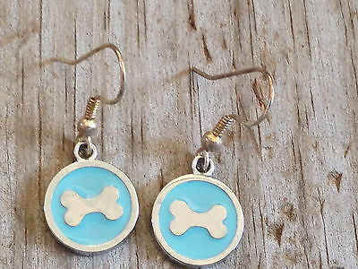 Teal Dog Bone Imitation Rhodium Plated Enameled Earrings
