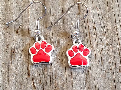 Small Red Dog Cat Tiger Paw Print Imitation Rhodium Plated Enameled Earrings