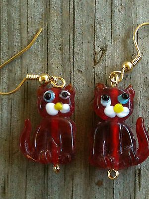 Dark Red Transparent Sitting Cat Lampwork Glass Earrings