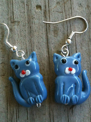 Dusty Blue Opaque Sitting Cat Lampwork Earrings
