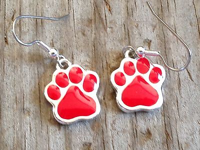 Large Red Dog Cat Tiger Paw Print Imitation Rhodium Plated Enameled Earrings