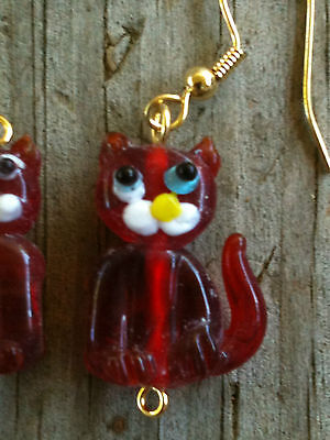 Dark Red Transparent Sitting Cat Lampwork Glass Earrings