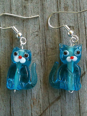 Light Teal Transparent Sitting Cat Lampwork Glass Earrings
