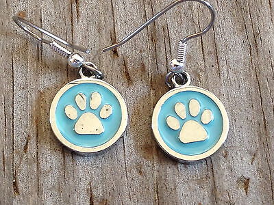 Teal Paw Print Dog Cat Tiger Imitation Rhodium Plated Enameled Earrings