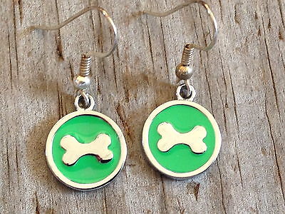 Green Dog Bone Imitation Rhodium Plated Enameled Earrings