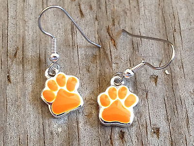 Small Orange Dog Cat Tiger Paw Print Imitation Rhodium Plated Enameled Earrings