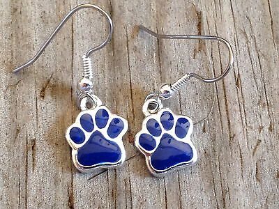Small Navy Blue Dog Cat Tiger Paw Print Imitation Rhodium Enameled Earrings
