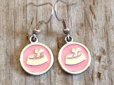 Pink Dog Food Bowl Dish Imitation Rhodium Plated Enameled Earrings