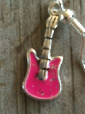 Electric Guitar Pink Enamel 3D Silver Plated Lead Free Pewter Music Earrings