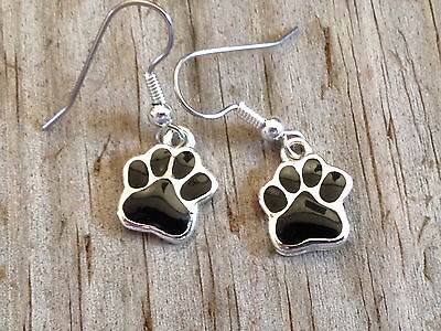 Small Black Dog Cat Tiger Paw Print Imitation Rhodium Plated Enameled Earrings